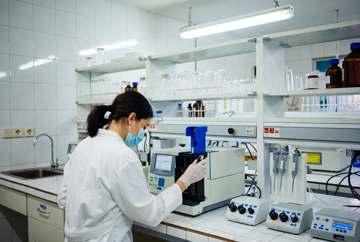 Pharmaceutical quality control laboratory with analytical chemists performing HPLC and chemical testing