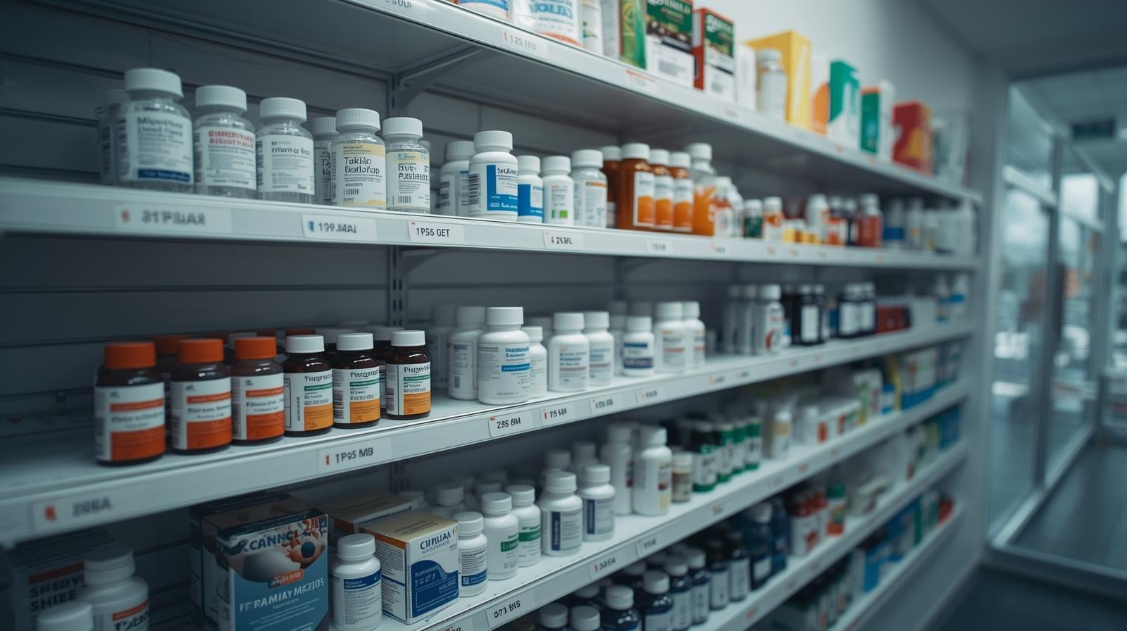 Pharmaceutical packaging boxes and medicines organized on shelves representing downstream logistics