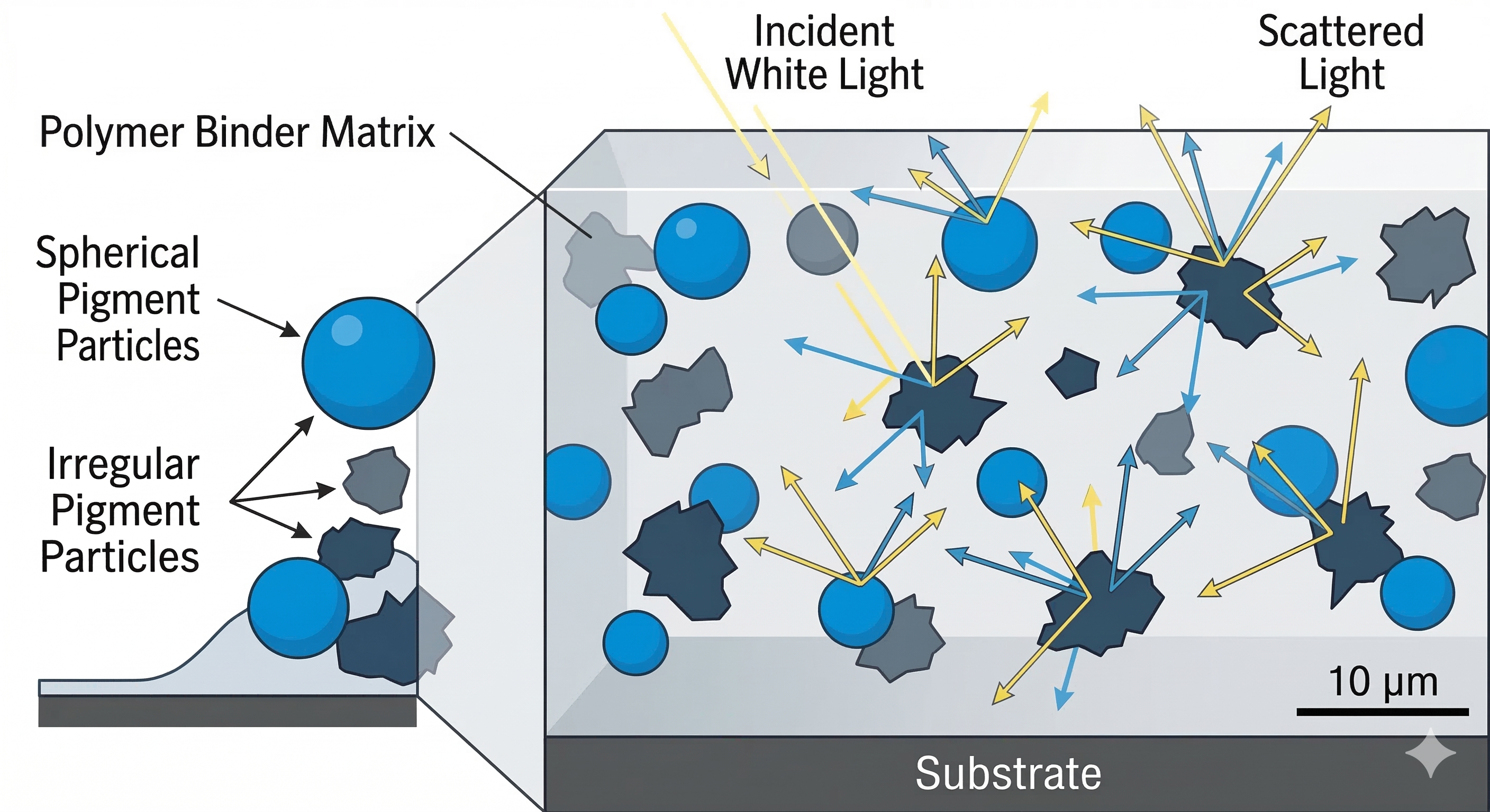 Pigment dispersion diagram — microscopic deagglomeration under high shear, from dry aggregate clusters to primary crystal particles stabilized against flocculation via steric polymer chains | Global Formulation