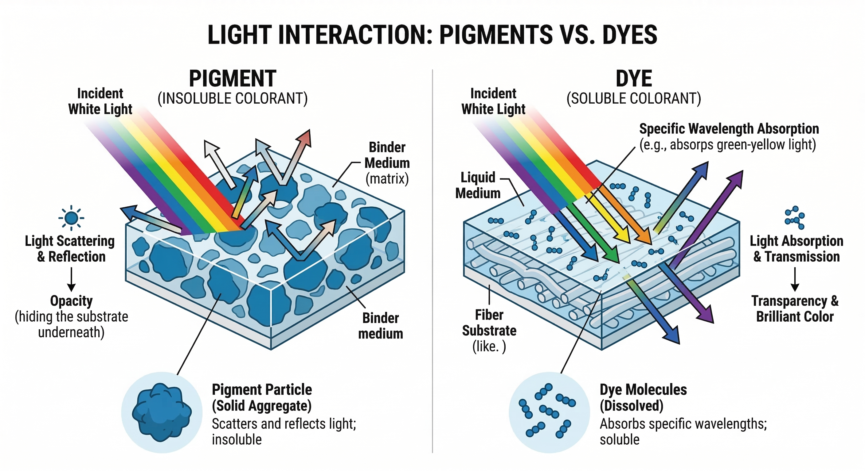 Mie scattering optical schematic — pigment particles backscattering and diffusing visible light to create opacity, contrasted against dye molecules selectively absorbing light while transmitting the rest transparently | Global Formulation