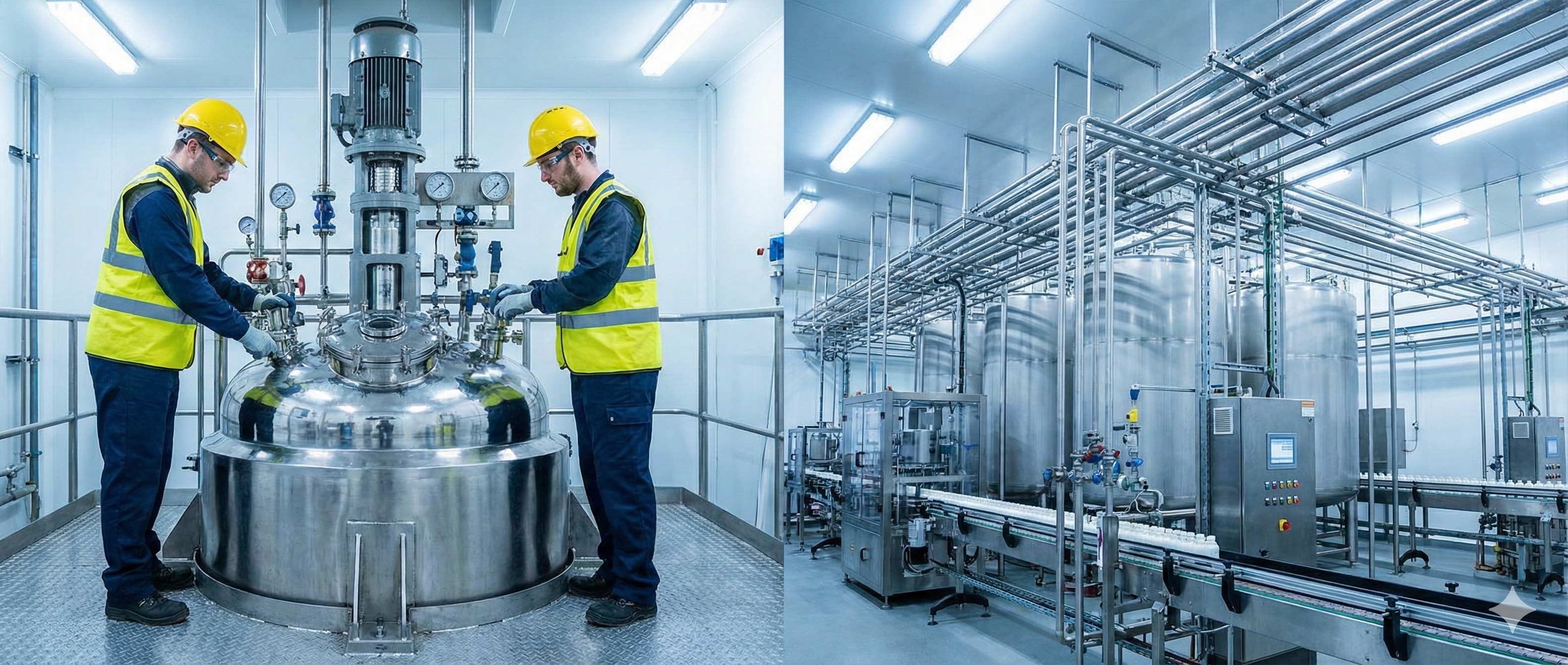 Pilot scale reactor equipment compared with full commercial manufacturing tank size and mixing setup