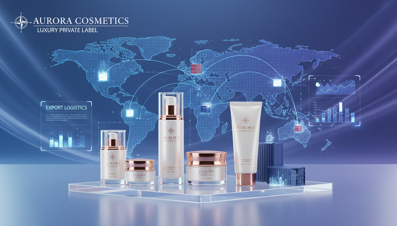 Bottles of premium cosmetic products arranged for private label manufacturing and global distribution