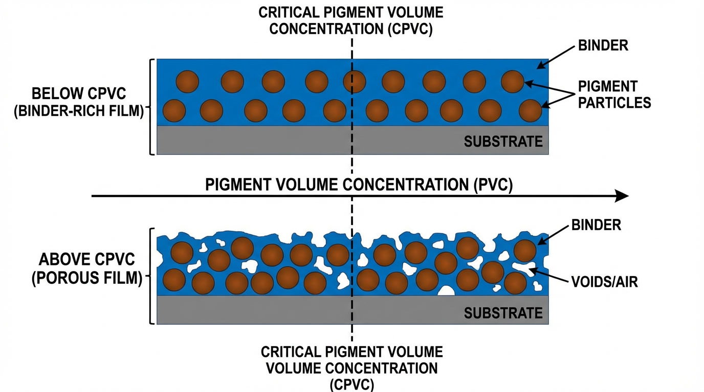 Physical micro-structure comparison of dry paint films showing low PVC binder-rich, CPVC balanced, and high PVC porous structures