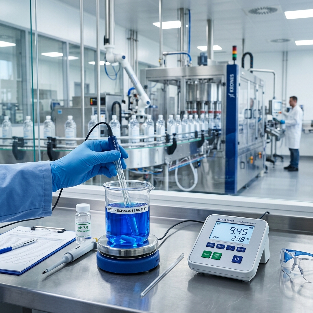 Quality control testing and bottling line for acidic toilet cleaner gels in a certified chemical blending plant
