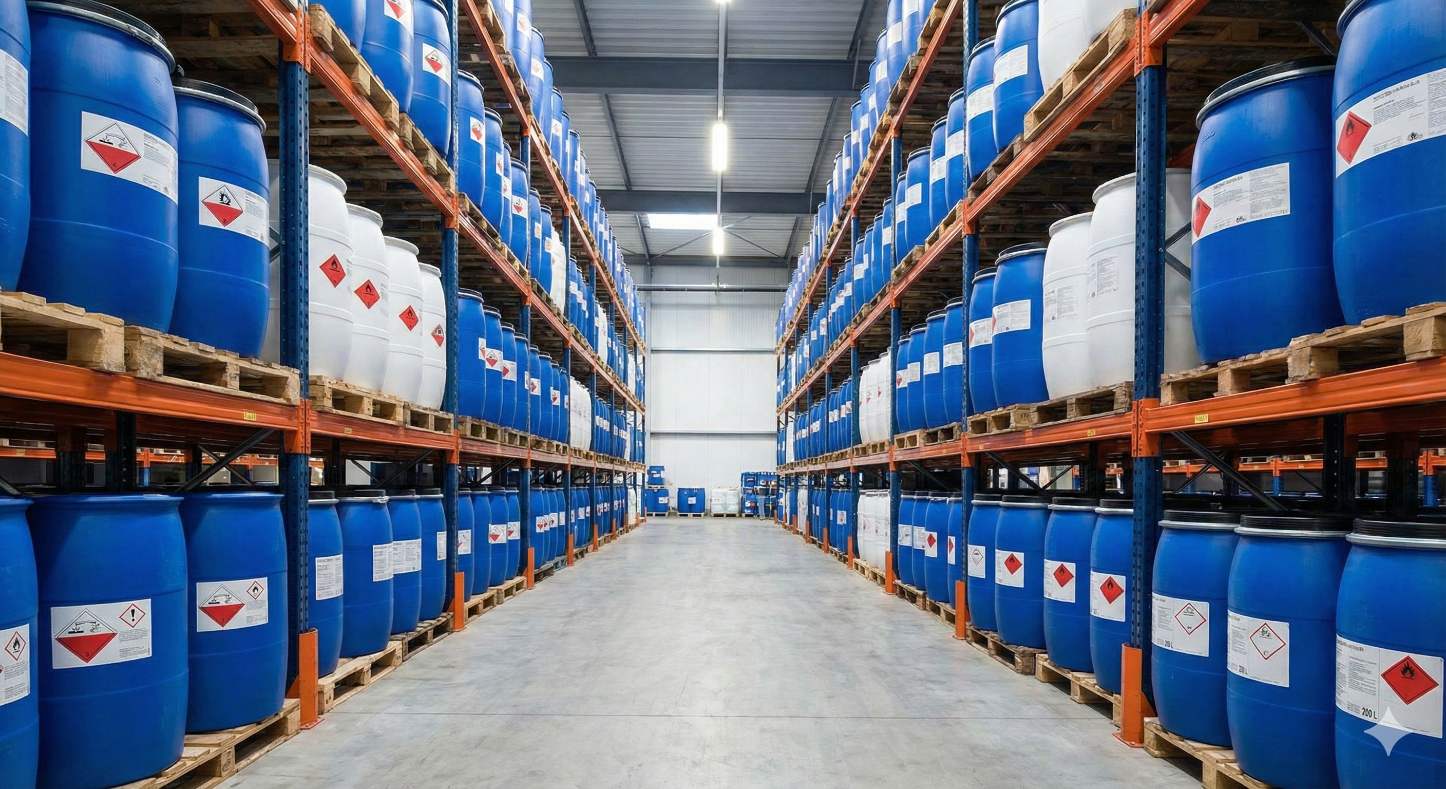 Industrial raw material warehouse storing chemical drums, SLES, and LABSA surfactants on heavy-duty pallet racks