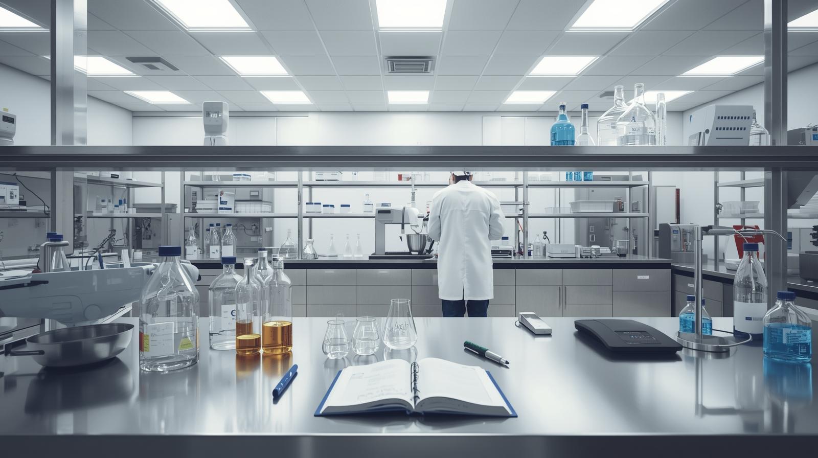 R&D formulation laboratory equipment setup used for micro-batch chemical scale-up testing
