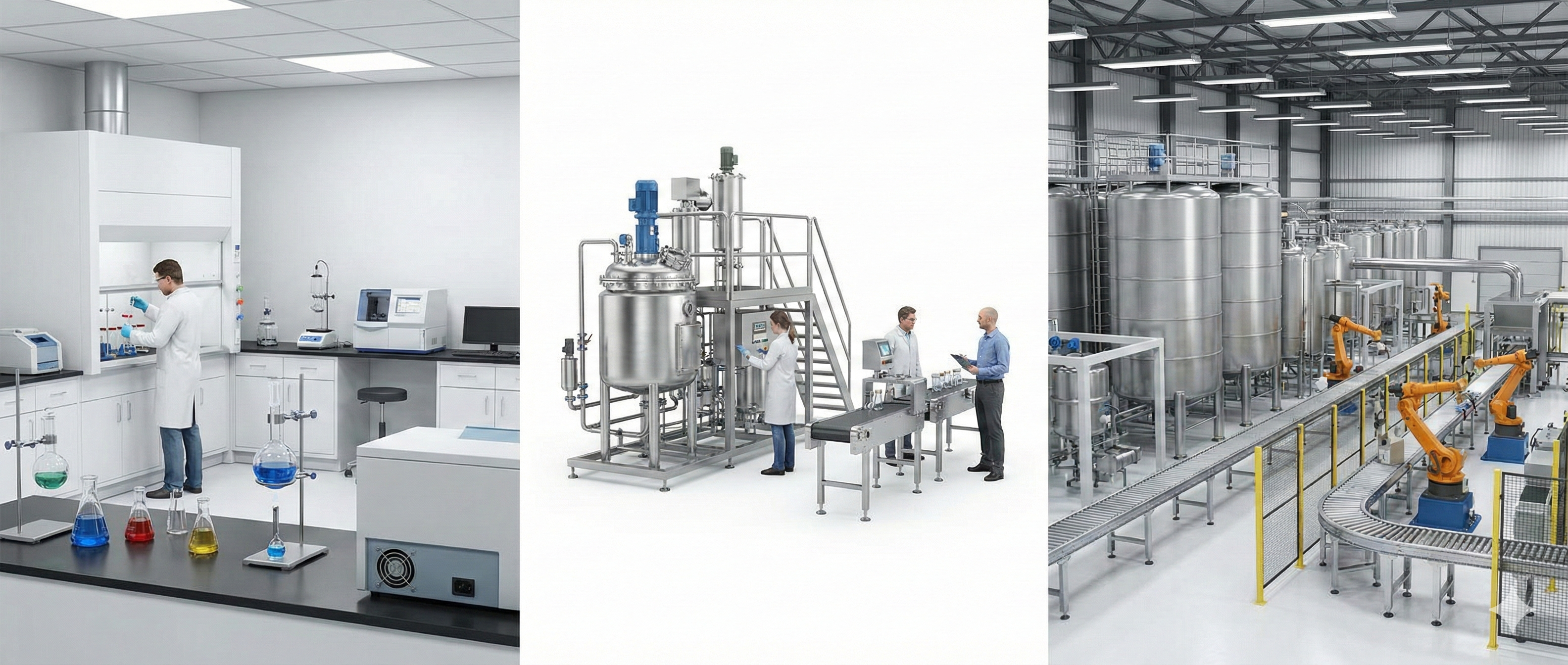 R&D to pilot to commercial manufacturing process flow chart showing the stages of development