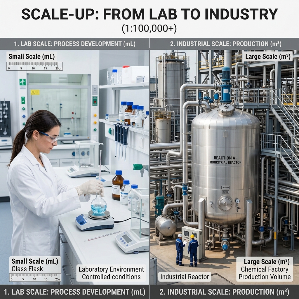 Schematic comparison between small lab-scale beakers and jacketed industrial reactors showing the surface-area-to-volume heat transfer gap that drives thermal runaway