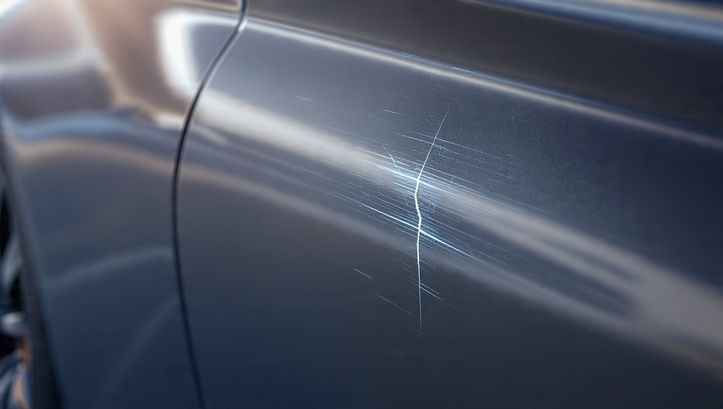 Close-up of a car's glossy surface showing a minor scratch actively healing and disappearing, illustrating self-healing coating technology