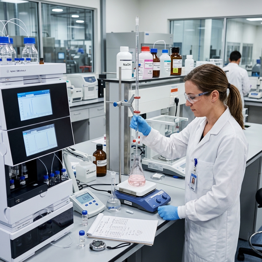 Quality control chemist testing the pH and viscosity of car shampoo batches in a manufacturing lab