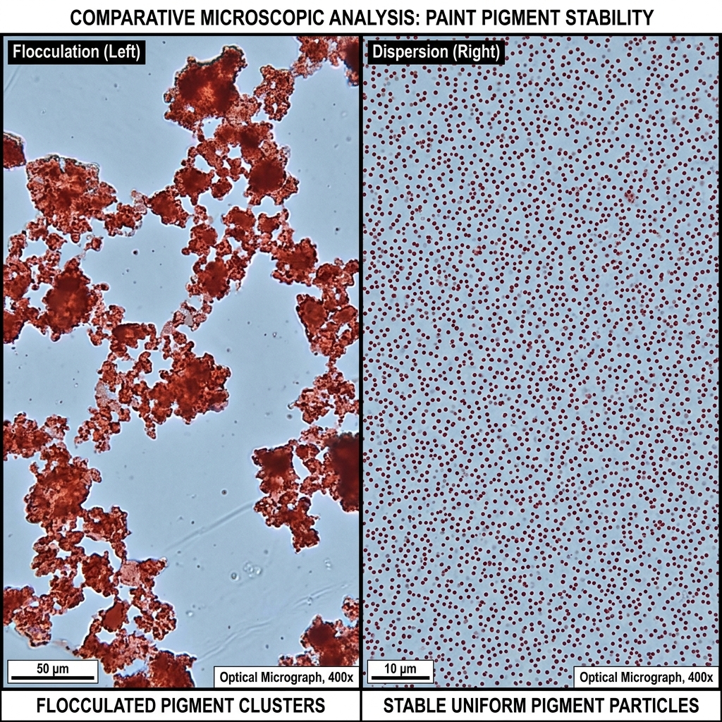 Microscopic comparison of a stable pigment dispersion with individually spaced particles versus a flocculated paint system with clustered agglomerates