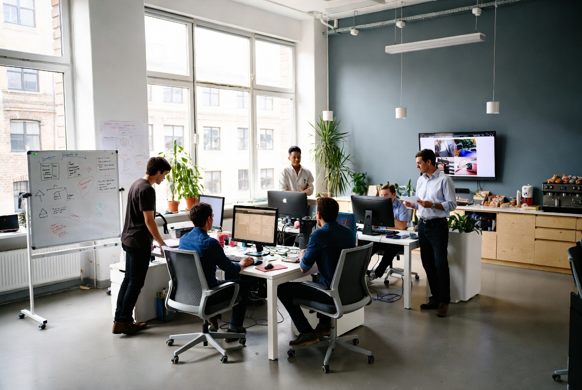 Startup team working on packaging designs and brand strategies in a modern collaborative office space