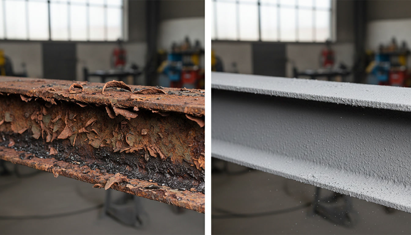 Split image demonstrating surface preparation, showing a rusty metal surface before and a clean, prepared metal surface after, ready for coating