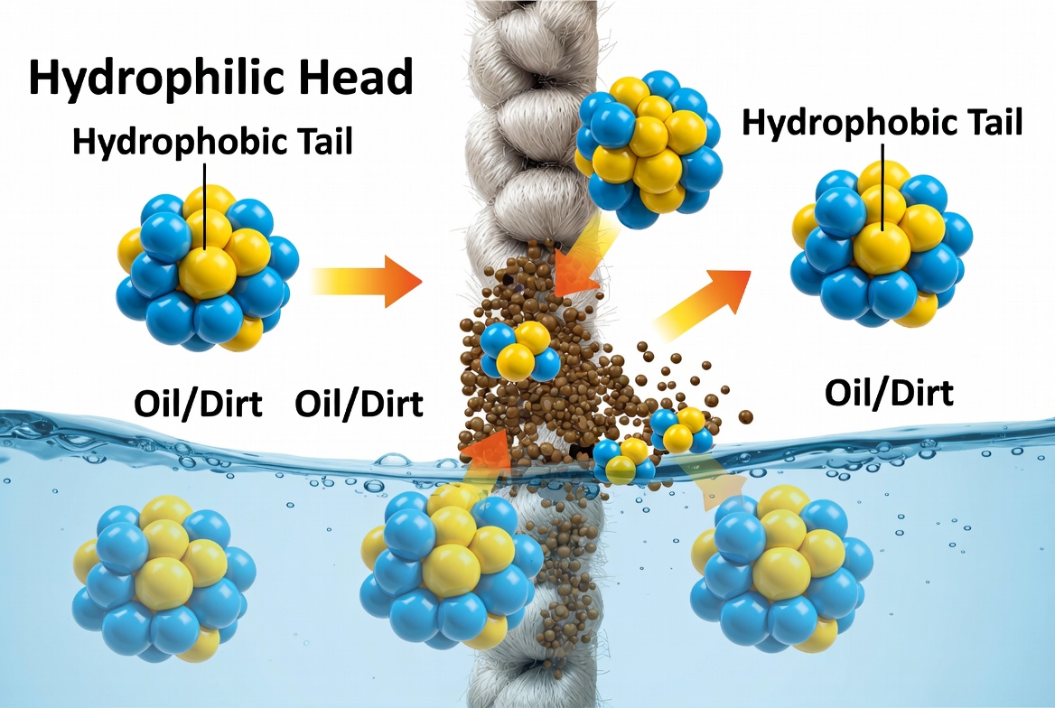 Diagram showing how surfactant micelles remove oil and soil from fabric in laundry detergents