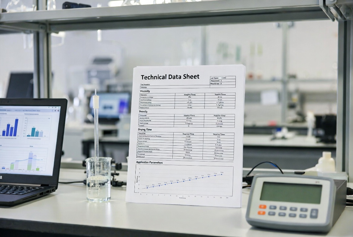 Technical Data Sheet showing viscosity, density and application parameters for chemical and coating products