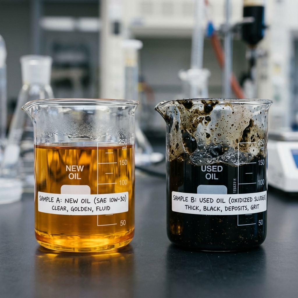 Visual comparison of fresh golden lubricant versus oxidized dark sludge, illustrating the impact of thermal degradation on formulation