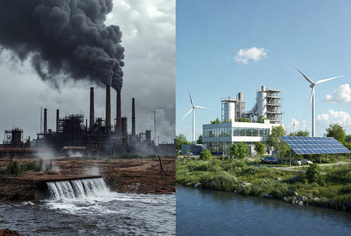Comparison chart between traditional chemical manufacturing and eco-friendly green chemical production