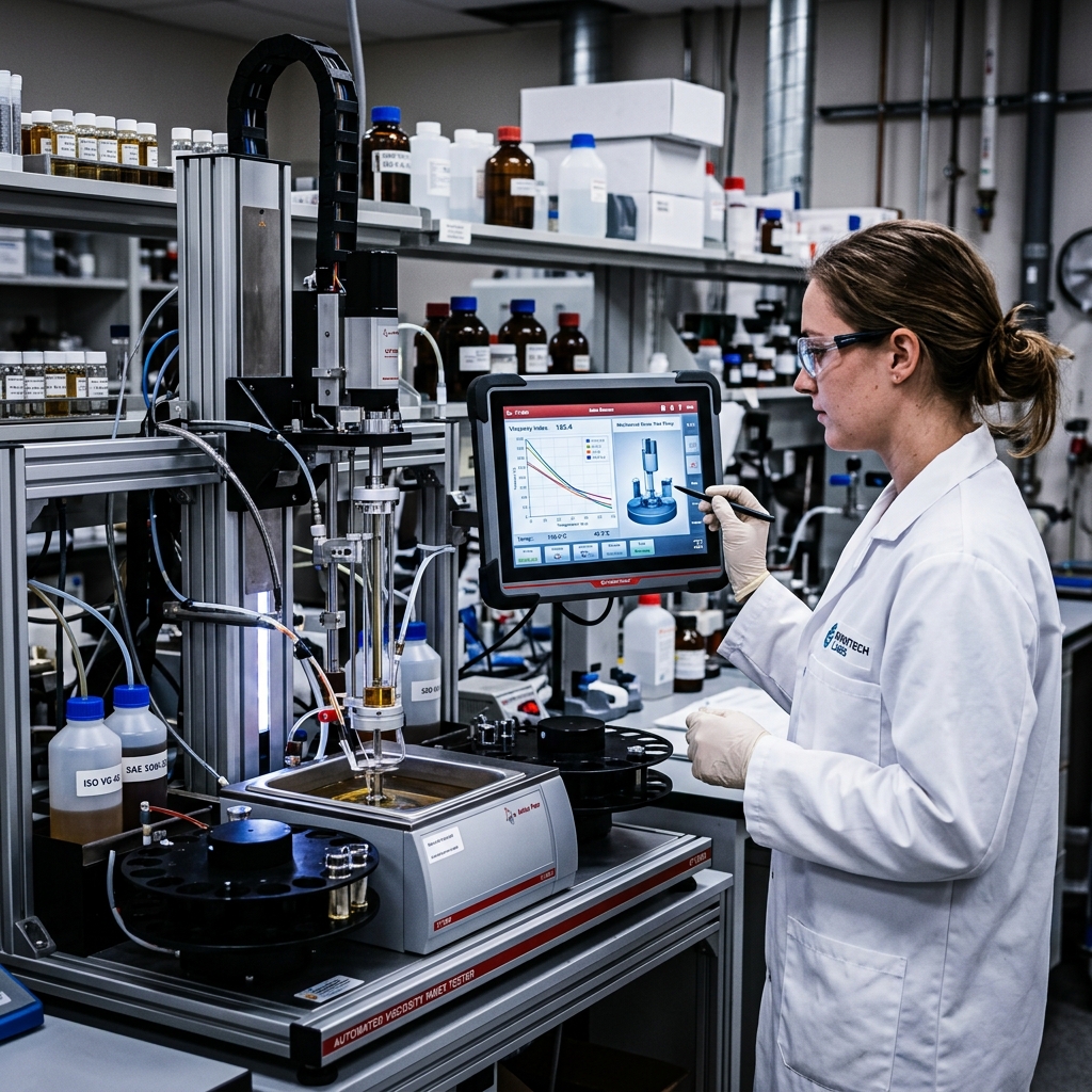 Technical laboratory apparatus performing a shear stability test on a synthetic lubricant sample to measure viscosity index performance