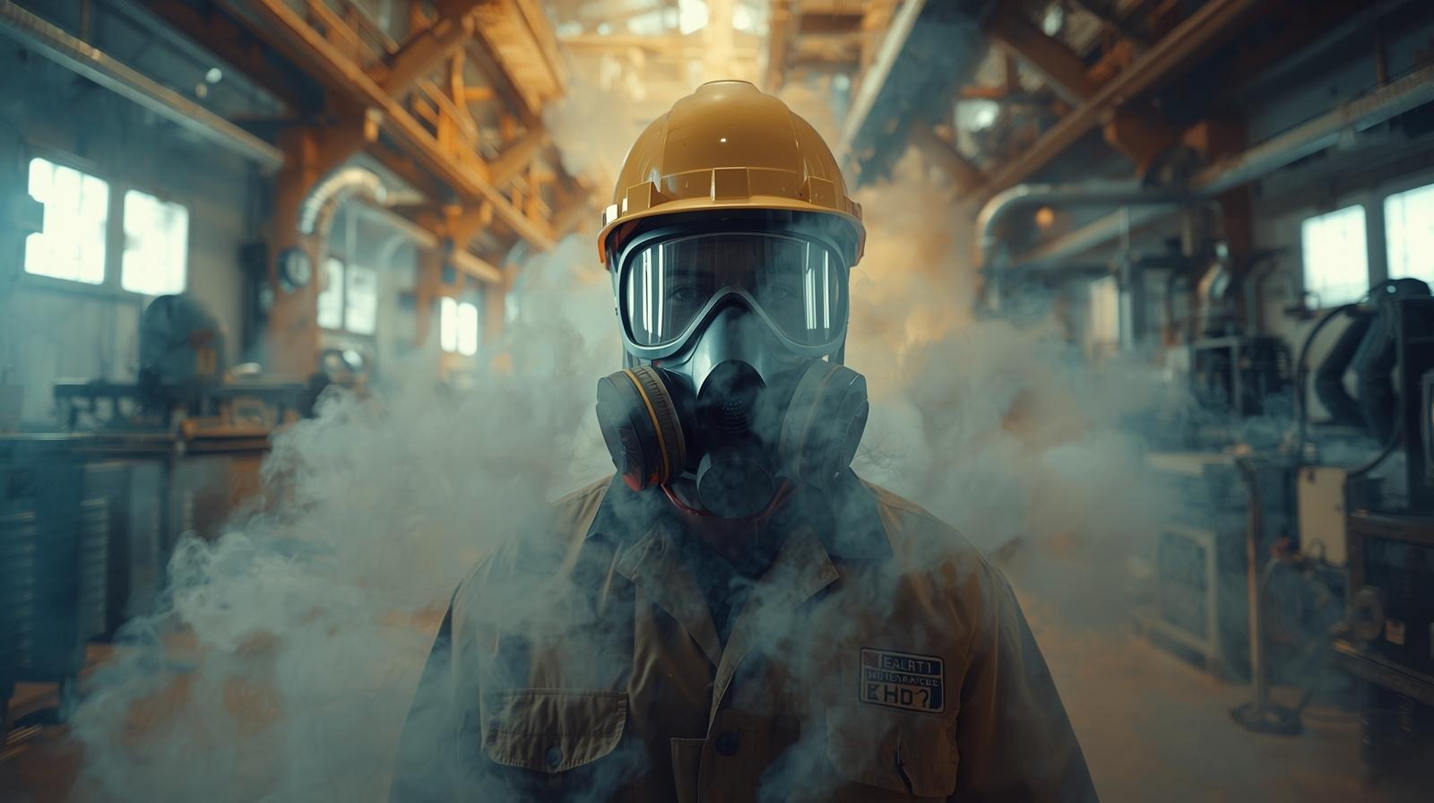 Factory worker exposed to volatile organic compounds showing health risks of VOC pollution in industrial workplaces