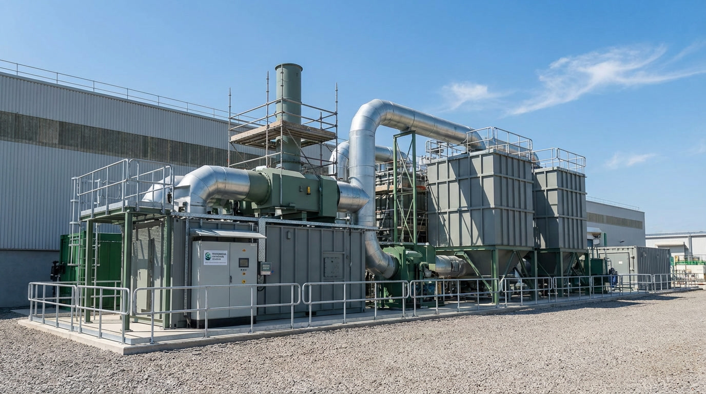VOC emission control system using thermal oxidizer and carbon adsorption for industrial air pollution reduction