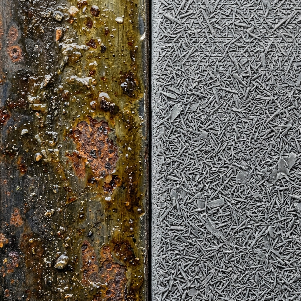 Microscopic comparison showing contaminated oily raw steel vs. clean etched zinc phosphate conversion coating crystals