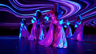 Club dancing in the future in space at a rave.