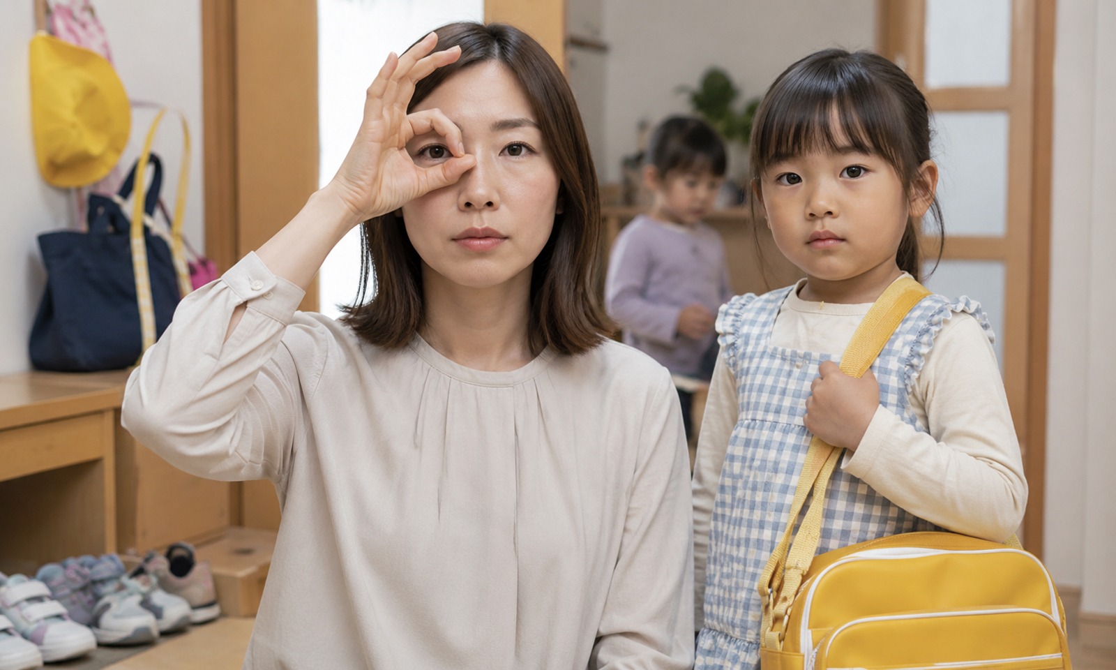 待機児童0人を手で示す女性と通園バッグを持つ子ども|堺市のニュースならサカイタイムズ