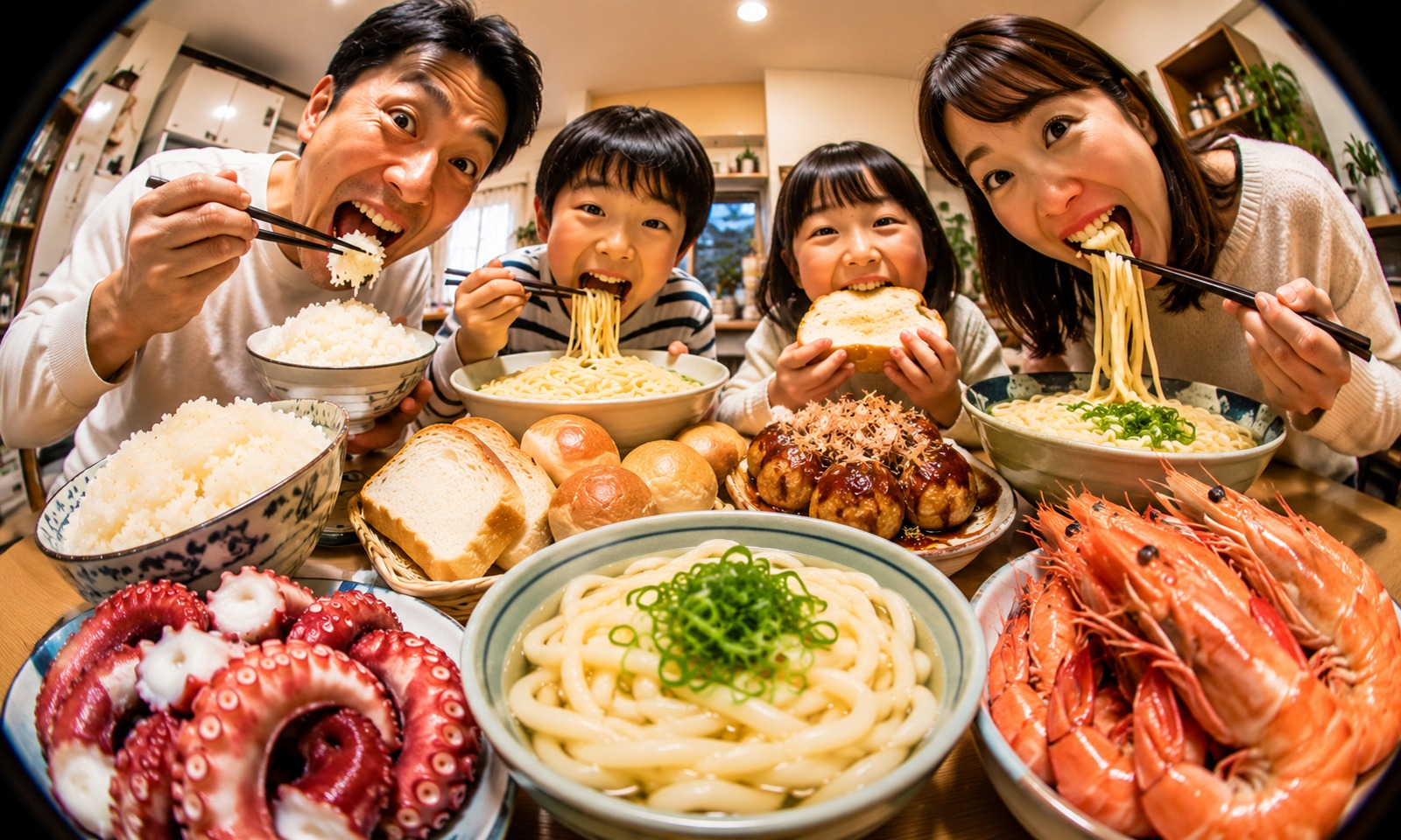 堺市の家計調査で上位に入った米・パン・麺・たこ・えびを囲む家族の食卓|堺市のニュースならサカイタイムズ