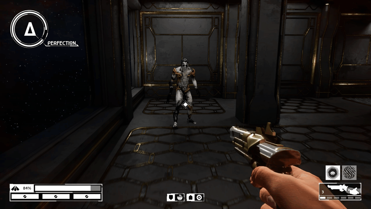 FPS called Imperfection in-game clip: player shoots humanoid enemy in black and white; a dark room, space visible on the left