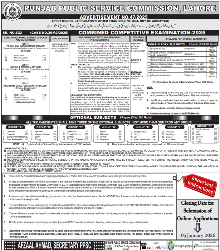 PPSC CCE 2025 Official Advertisement