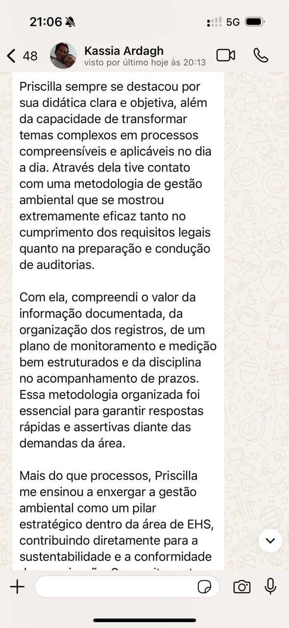Depoimento de aluna 3 do curso Do Zero ao Planner Ambiental