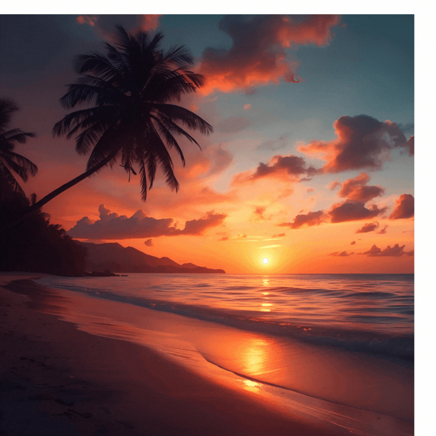 Un coucher de soleil sur une plage avec des palmiers.