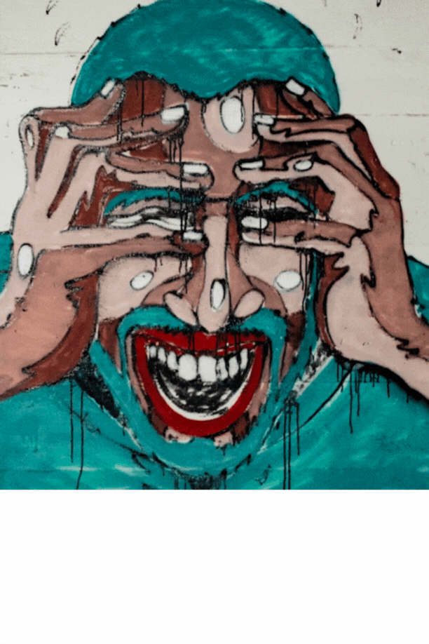 Une peinture d’un homme avec les mains sur le visage avec des larmes.