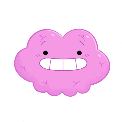 A cute cartoon pink brain with a big, worried smile and small black eyes.
