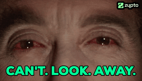 Close-up of bloodshot eyes with 'CAN'T LOOK AWAY' text overlay for Zypto crypto market news.