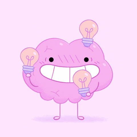 A cute cartoon pink brain character with a big smile holding and surrounded by glowing lightbulb ideas, representing