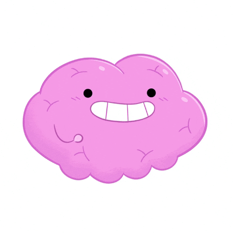 A cute, smiling pink cartoon brain with happy eyes and a wide grin, resembling Lumpy Space Princess from Adventure Time, on