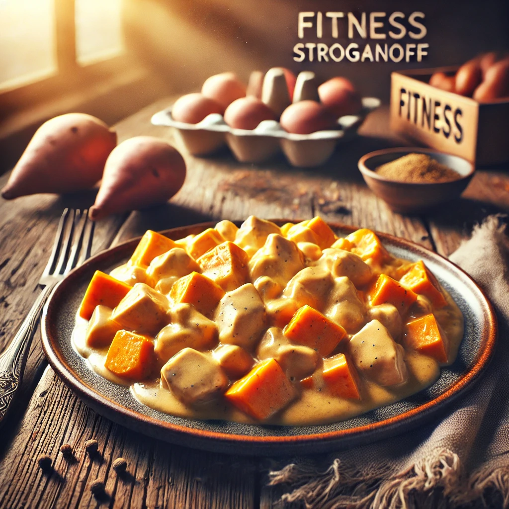 imagem de um prato com strogonoff, Receita Fitness strogonoff com Batata doce