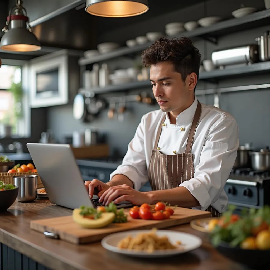 Chef tomando curso online de seguridad alimentaria