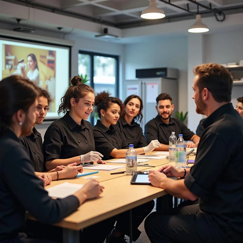 Instructor enseñando a manipuladores de alimentos