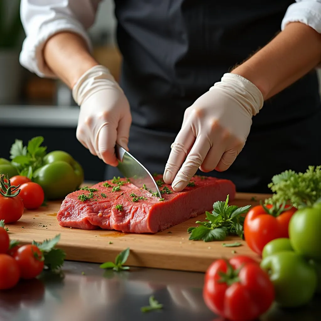 Alimentos manipulados de manera segura en cocina profesional