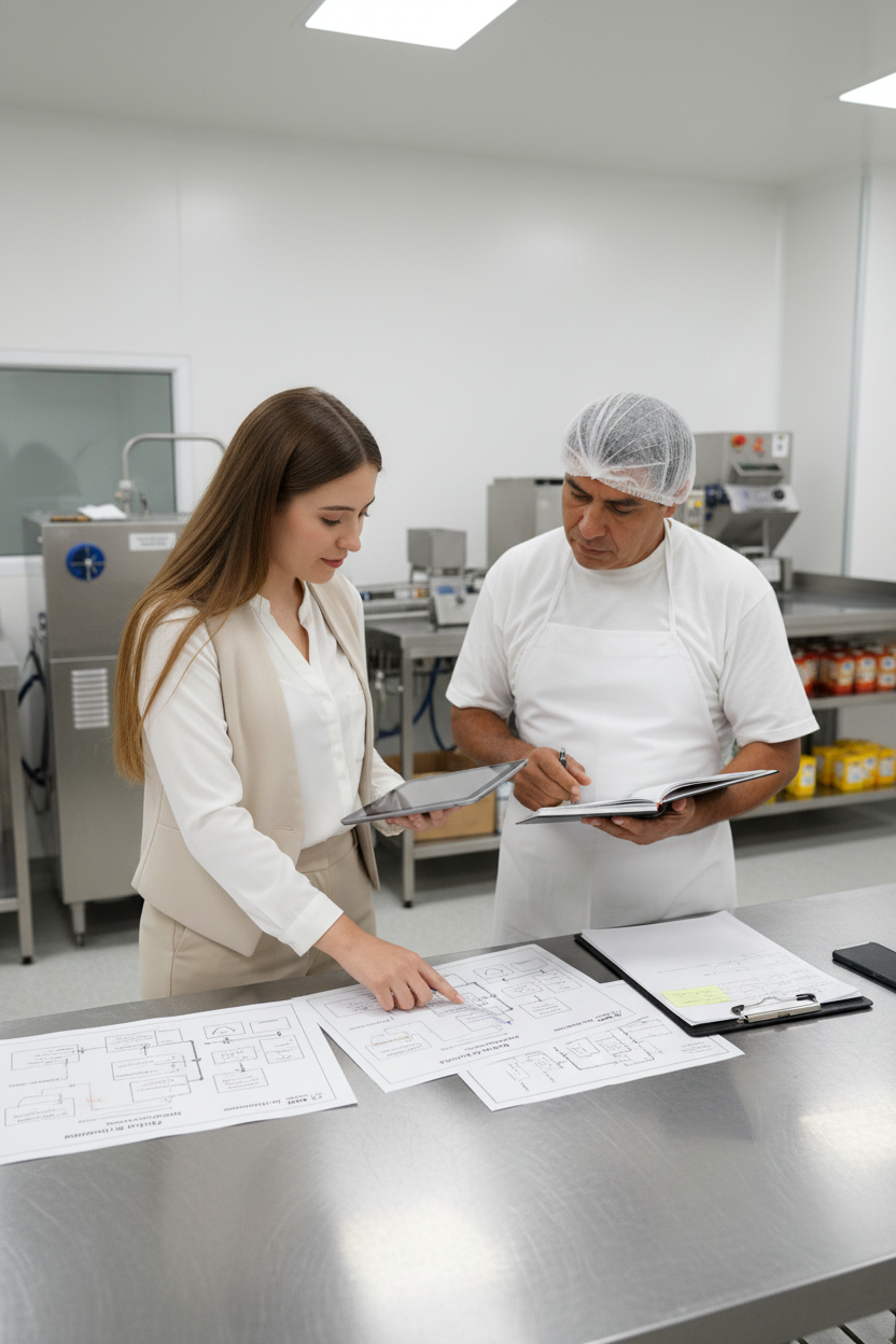 Asesor técnico revisando procesos sanitarios en planta
