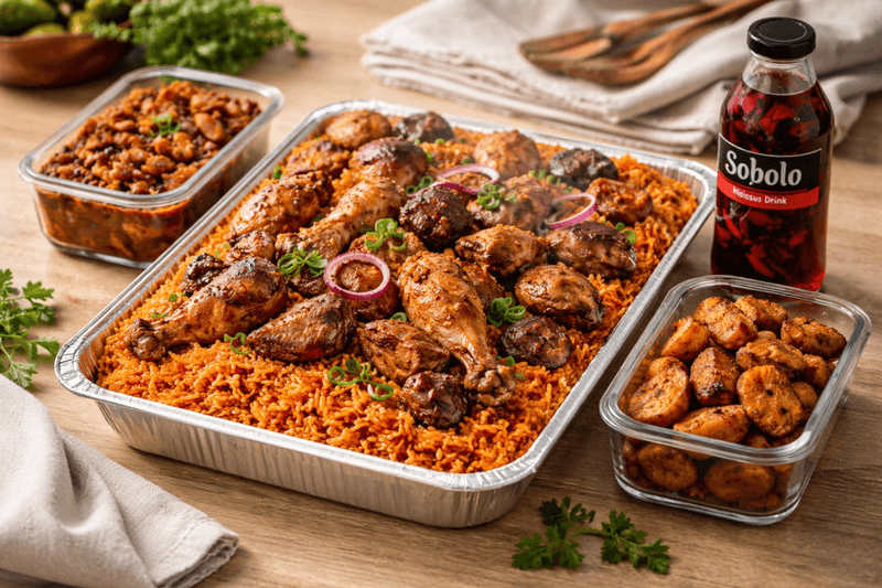 Family feast with Jollof and sides. The Weekend Reset