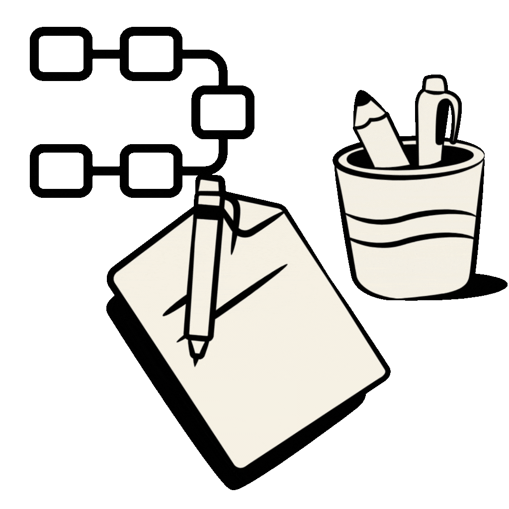 Graphic depicting a pen writing on a paper, there is a pen holder and and flow chart in background