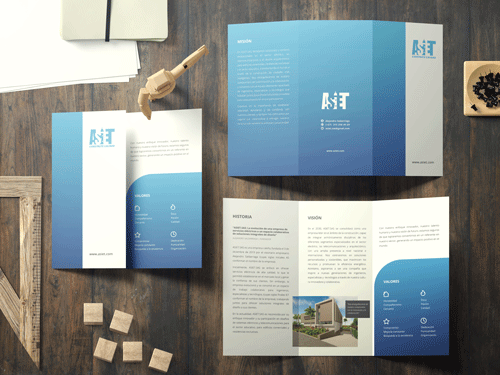 Mockup de brochure de ASIET, mostrando diseño gráfico profesional para la empresa de ingeniería, técnicos y electricistas.