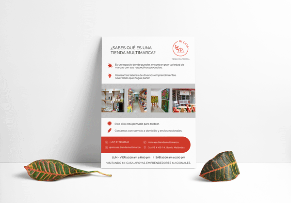 Mockup de volante de MI CASA, Tienda Multimarca, mostrando diseño gráfico y detalles visuales de la marca.