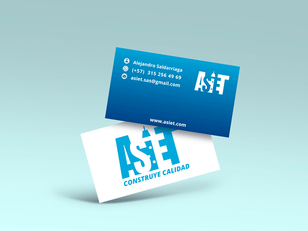 Tarjetas de presentación de ASIET, empresa de ingeniería y servicios técnicos, con diseño profesional y paleta de colores.