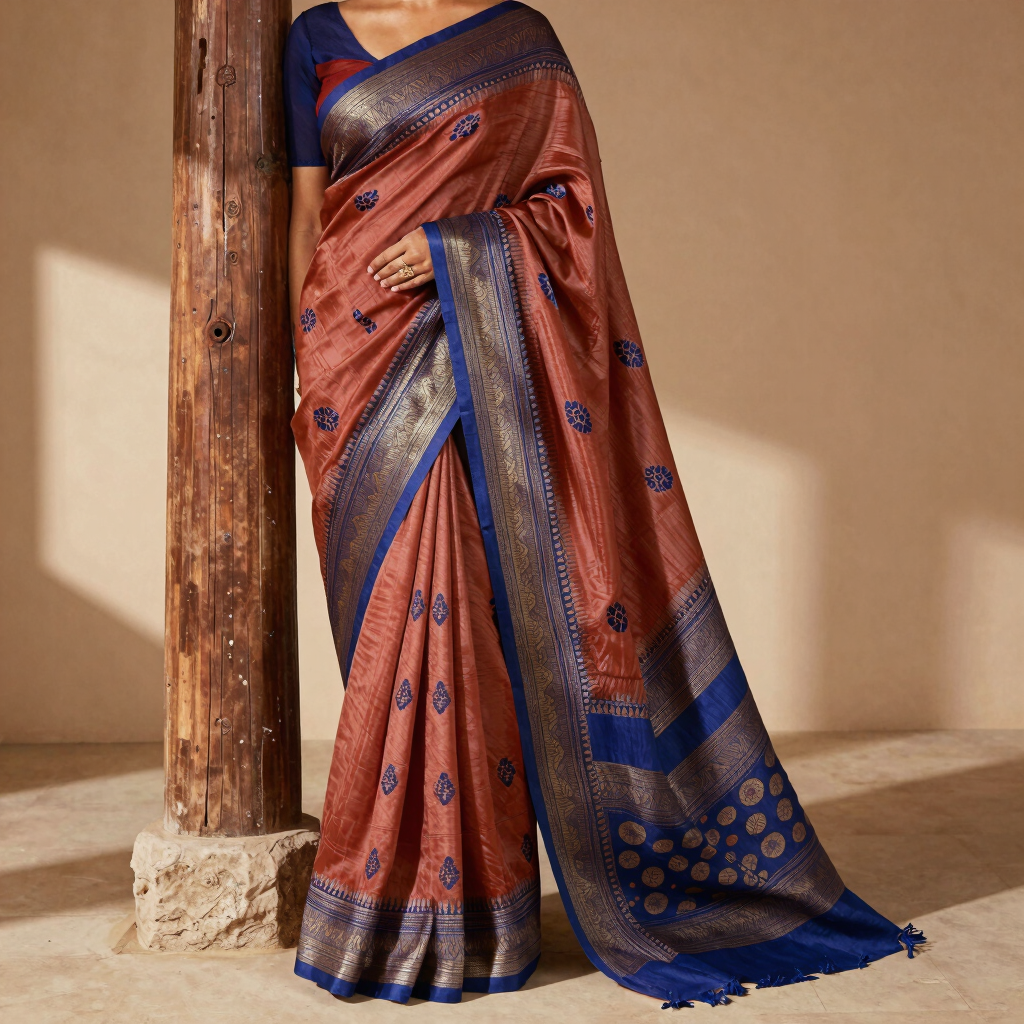 Terracotta Ajrakh Hand-Block Saree