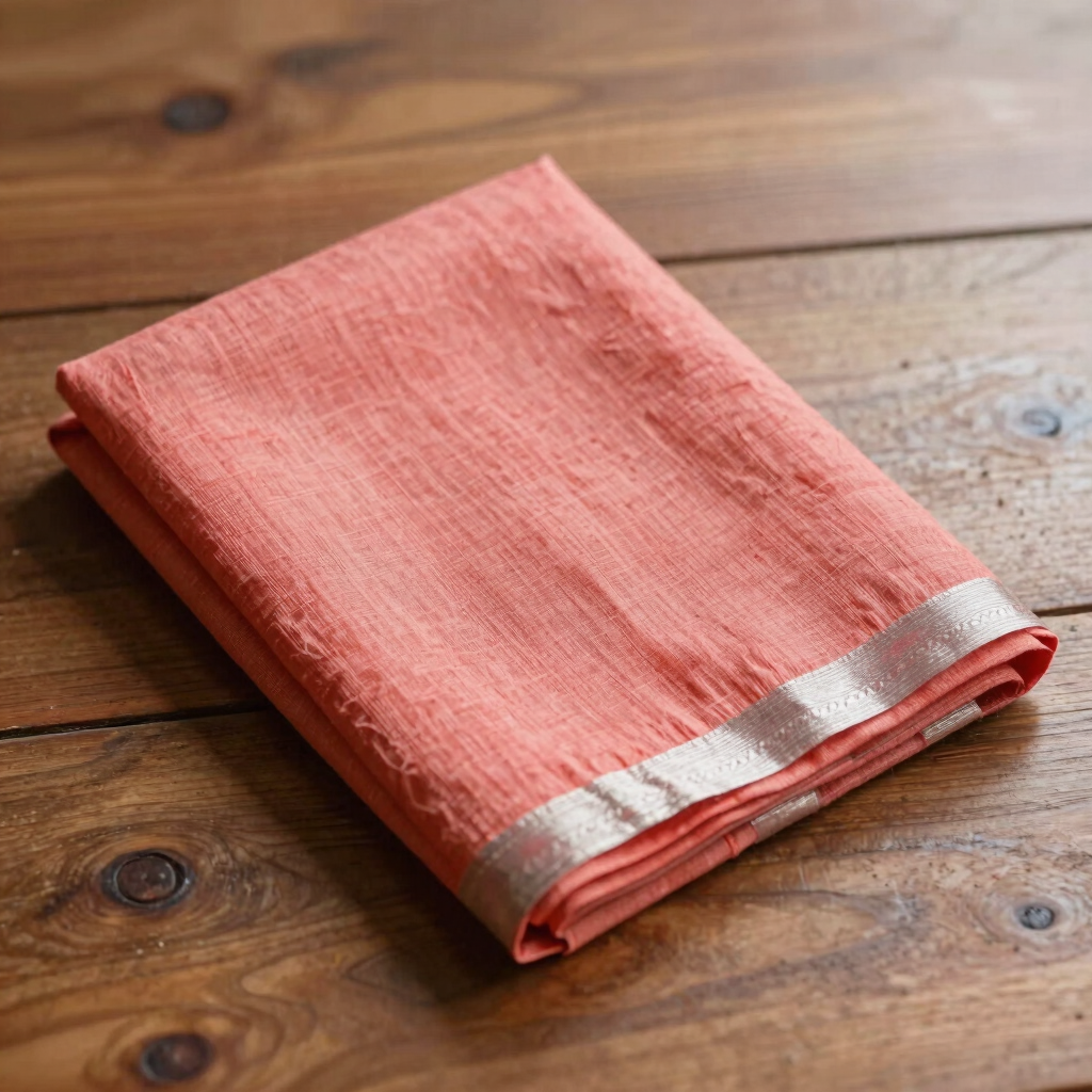 Handloom Linen Saree in Pastel Coral