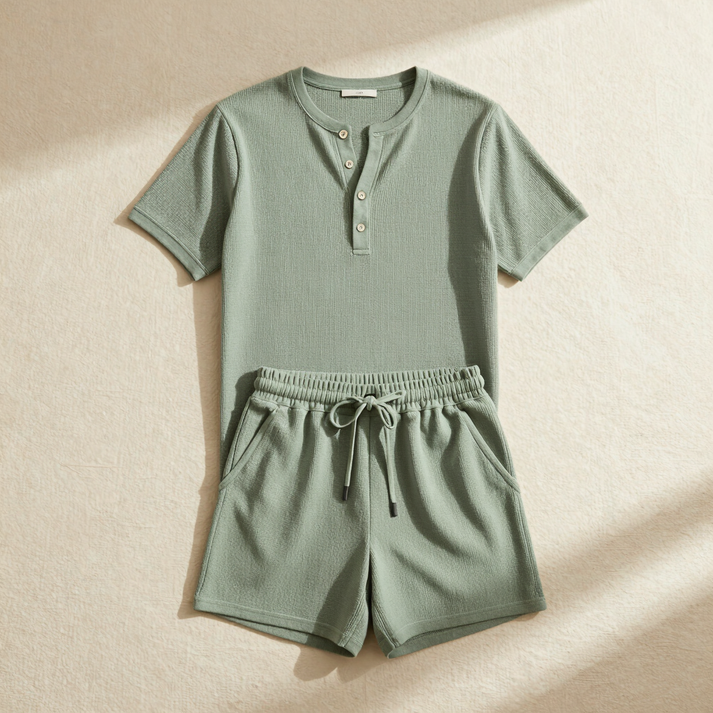 Waffle Knit Henley and Short Set